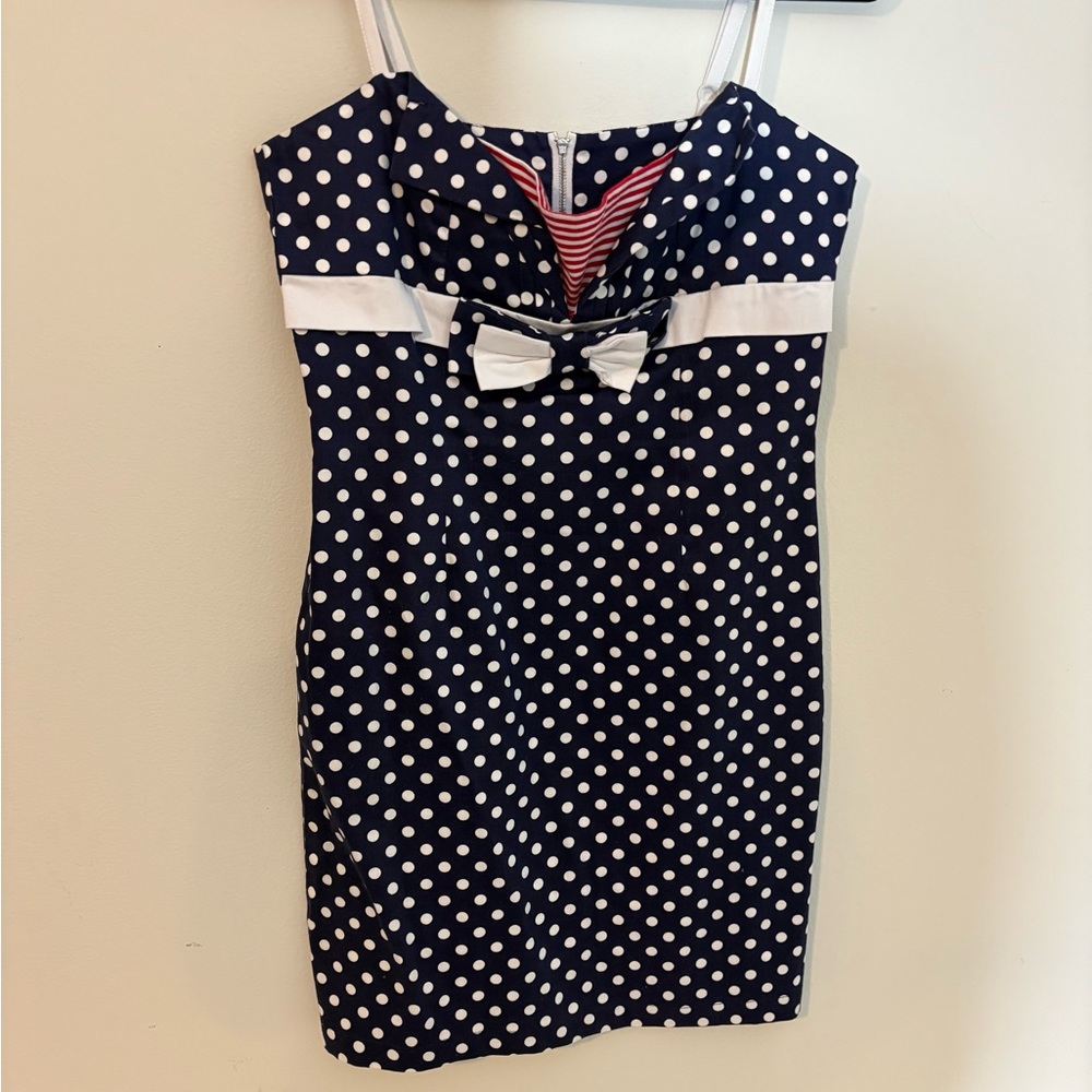 Tatyana Navigator Pin Up Blue Polkadot Wiggle Dress Size Large - Picture 3 of 6
